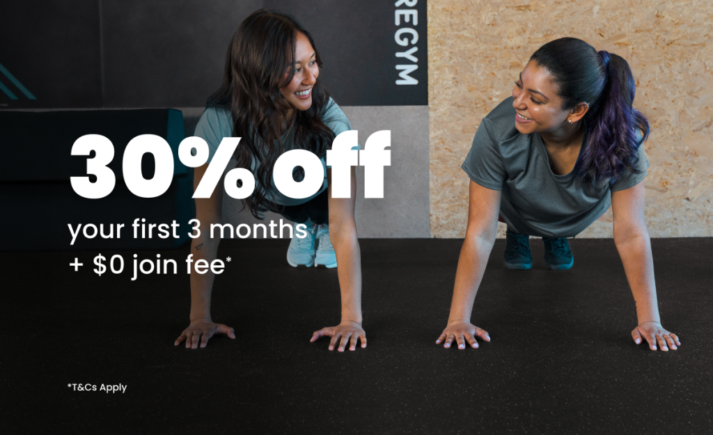 Limited time offer is 30% off your first three months membership and $0 join fee. Selected gyms.